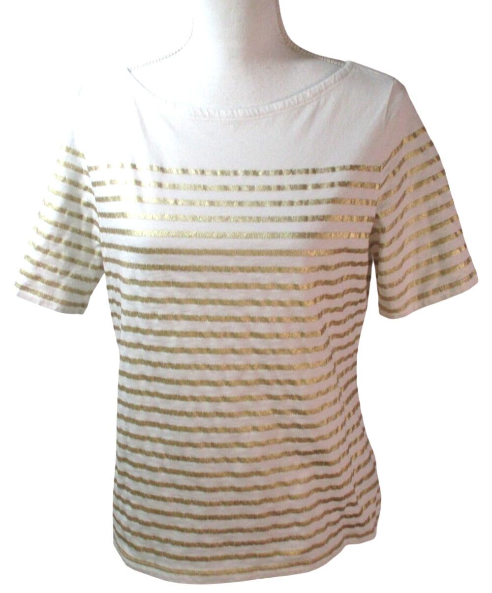 Ralph Lauren Women's White & Gold Striped Short Sleeve Tee Shirt Size Large